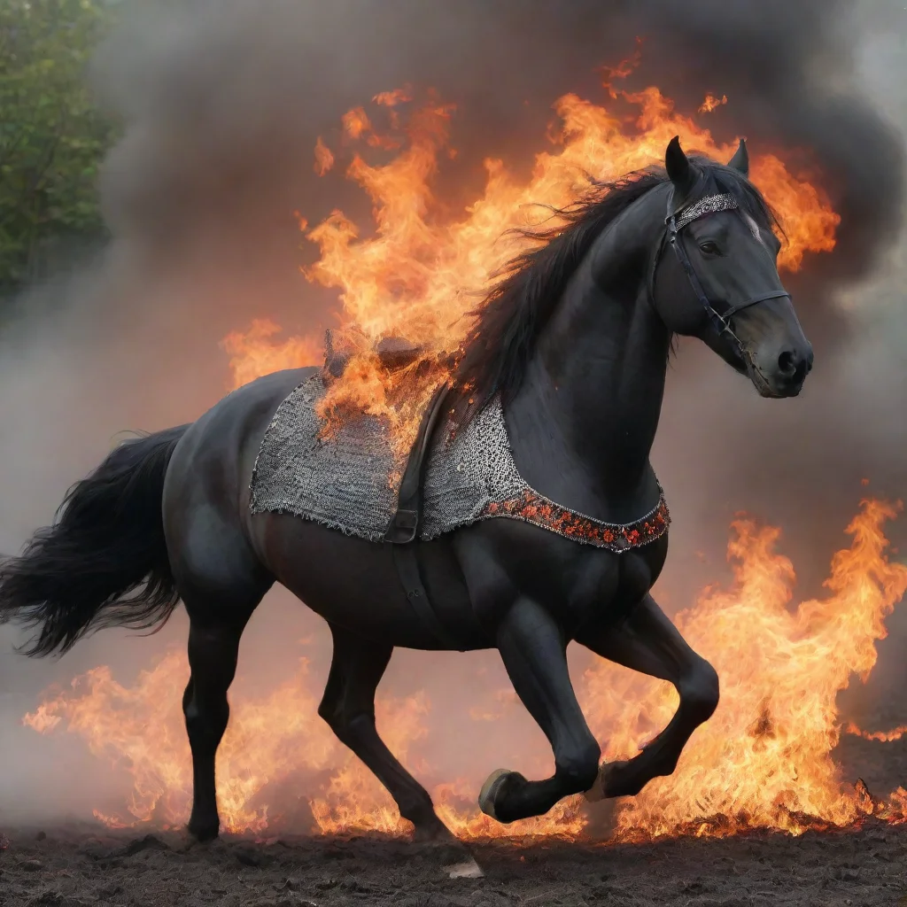aiamazing a black horse wearing chainmail coiffe running through fire awesome portrait 2