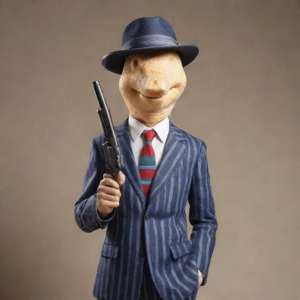 aiamazing a cheese headed man whit a fedora in an italian striped suit whit a gun awesome portrait 2