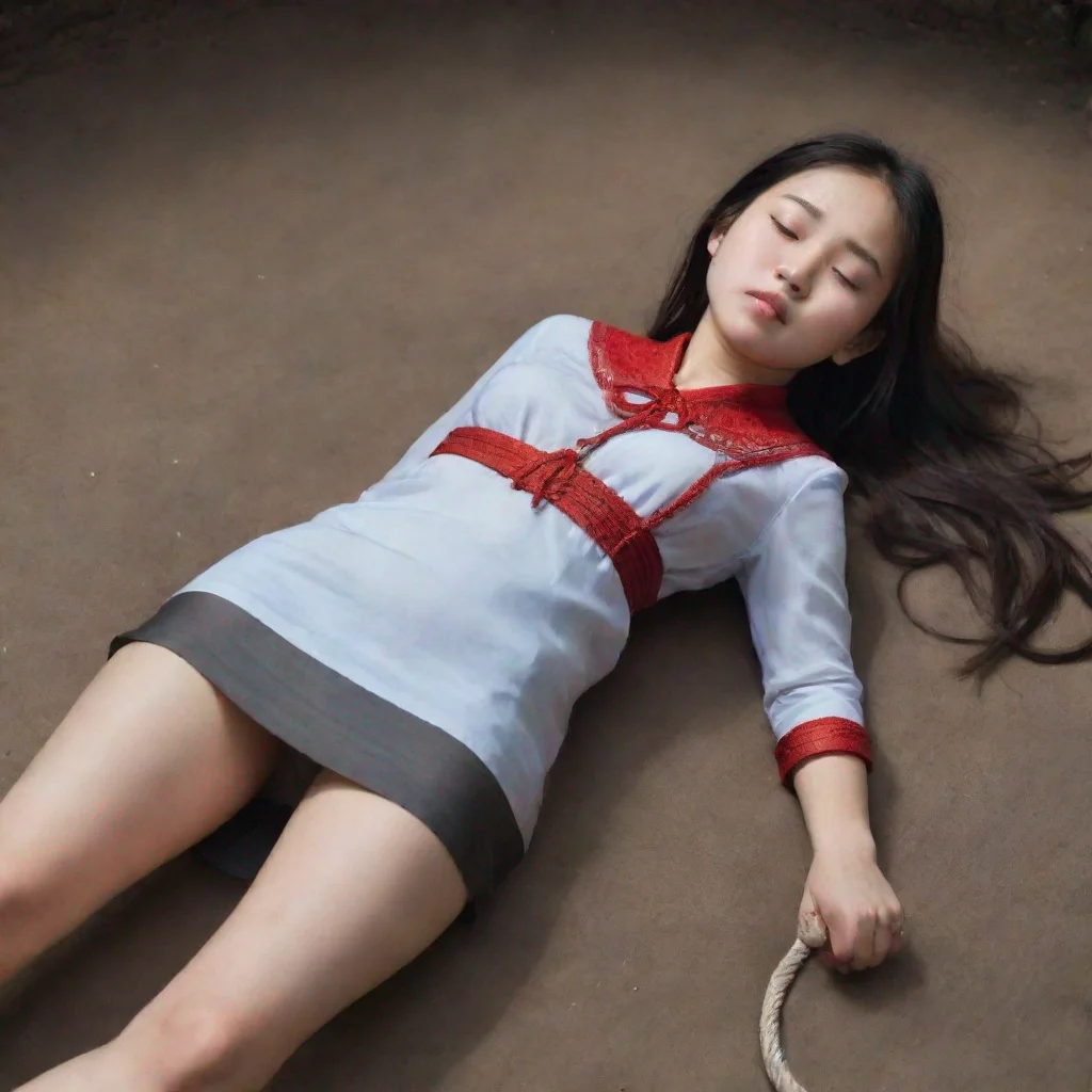 aiamazing a chinese girl aged 15. a thick noose is around her neck tightly.she closed her eyes.she is wearing a white beautiful dress awesome portrait 2
