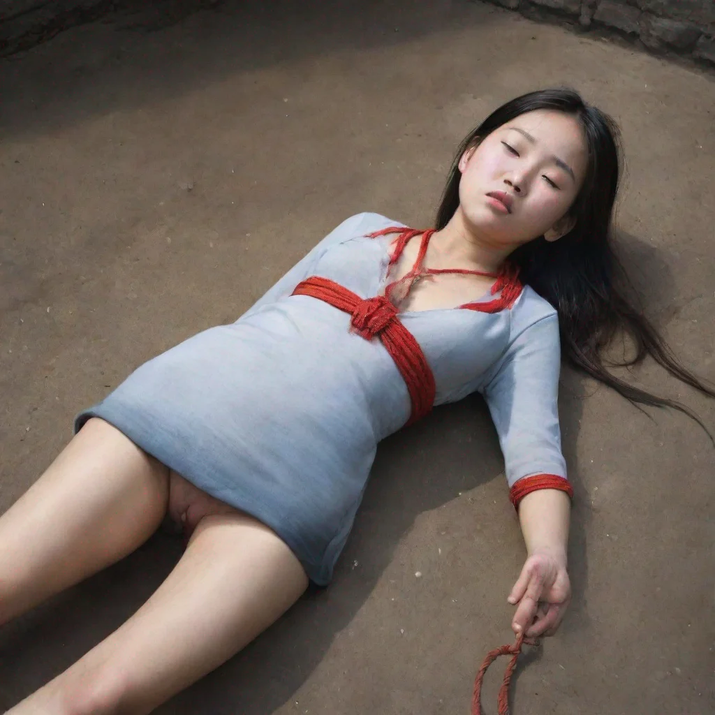 amazing a chinese girl aged 15. a thick noose is around her neck tightly.she closed her eyes.there is blood on her chest awesome portrait 2