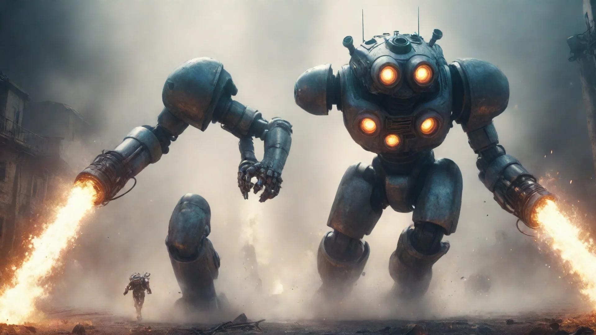aiamazing a giant robot diver with pipes round head fight against a huge monster battle explosion blur lens cinematic style grainy octane render concept art hyper awesome portrait 2 wide