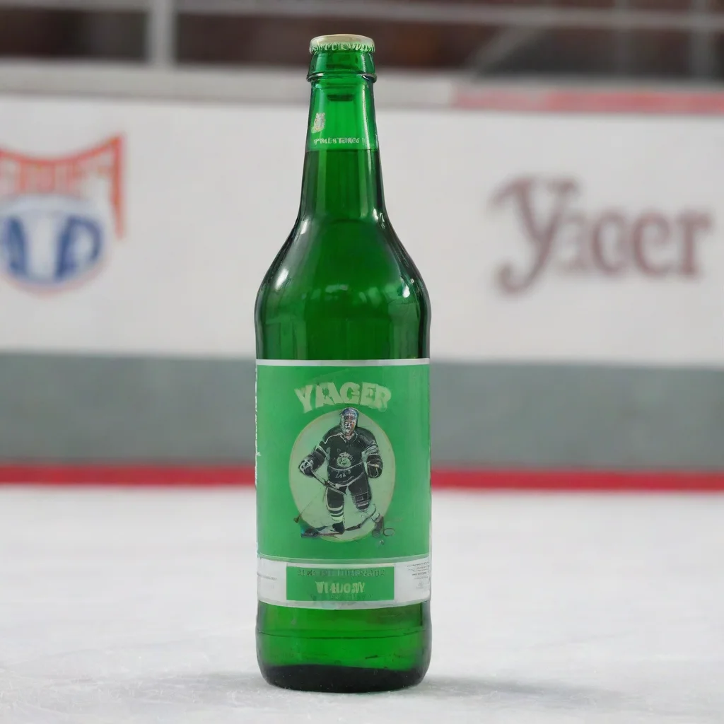 aiamazing a green bottle of liquor placed on a hockey rink. the bottle label says yager and has a hockey player on it  awesome portrait 2