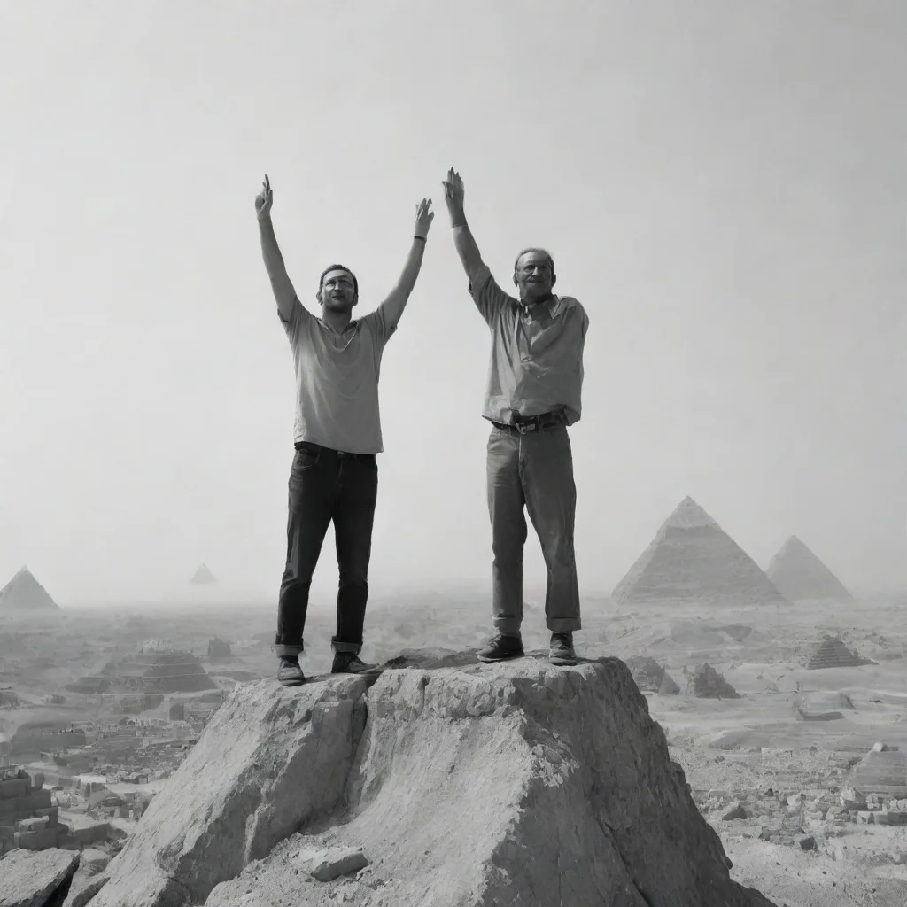 aiamazing a greyscale image of a man standing atop a cliff with his hands in the air and pyramids in the background awesome portrait 2