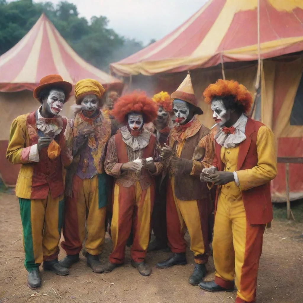 aiamazing a group of african clowns smoking cigarettes outside a circus tent awesome portrait 2