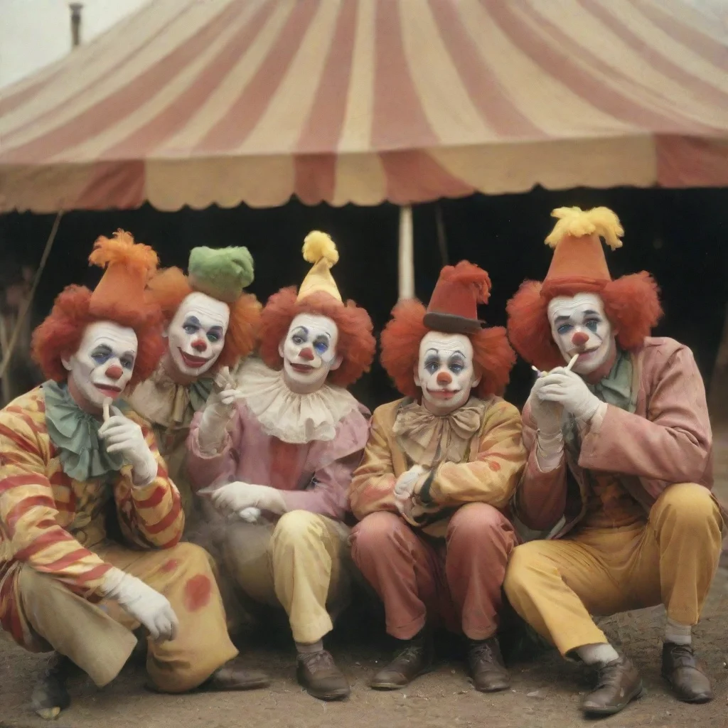 aiamazing a group of clowns smoking cigarettes outside a circus tent awesome portrait 2