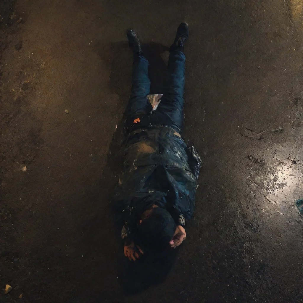 aiamazing a guy lying on a puddle on the asphalt seen from above. it is raining and night time with city lights reflected on the asphat. awesome portrait 2