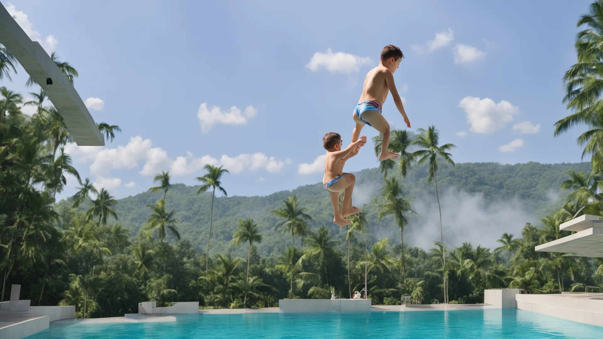 aiamazing a kid preparing to make a swim jump from really high platform awesome portrait 2 wide