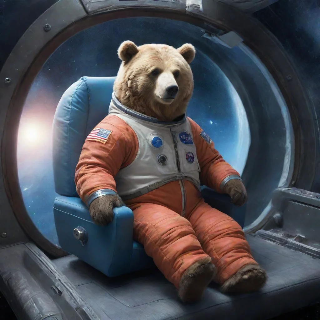 aiamazing a lazy bear wearing a space suit inside a spaceship heading towards a quasar. awesome portrait 2