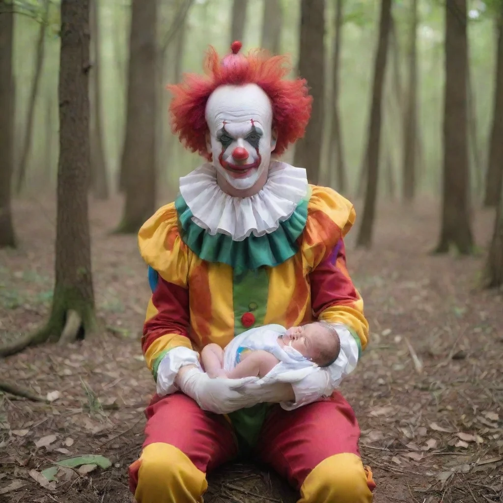 aiamazing a male dressed clown with a newborn baby in the woods awesome portrait 2