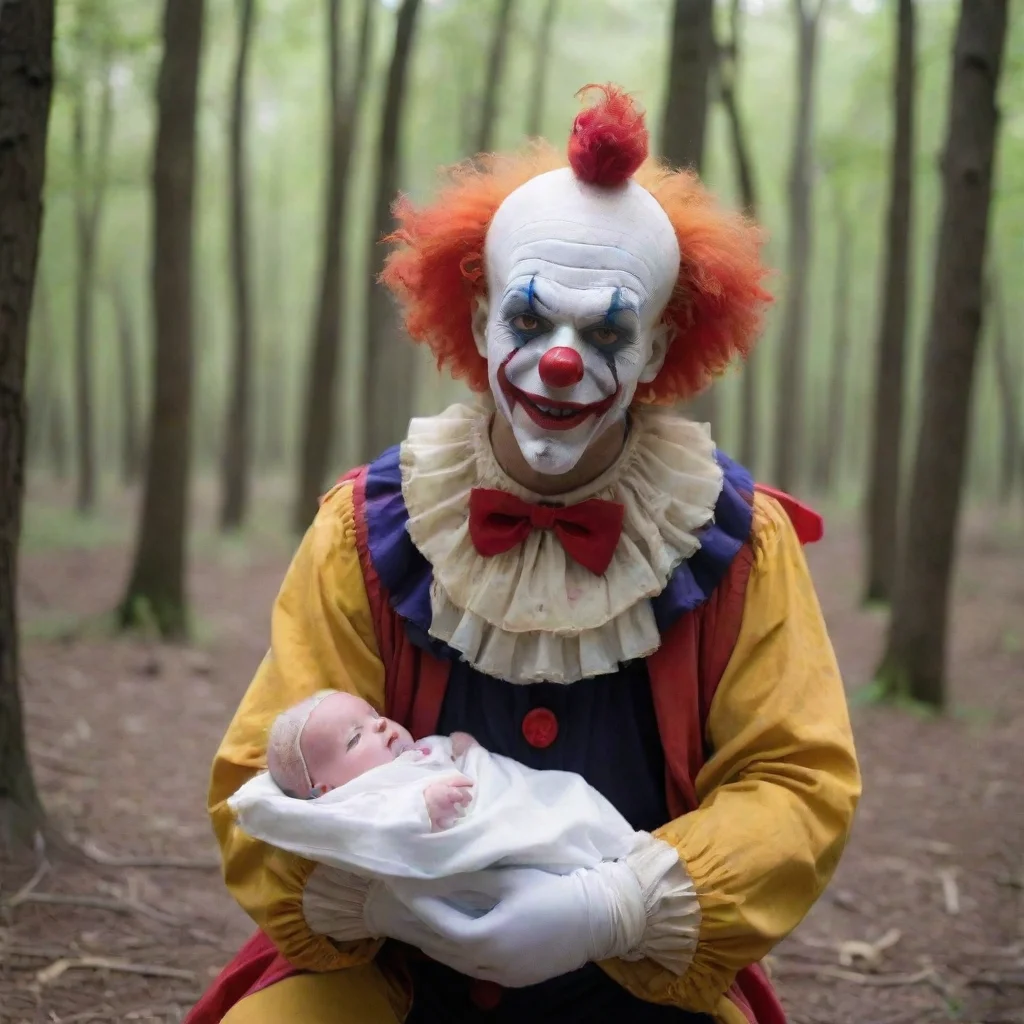 aiamazing a male dressed scary clown with a newborn baby in the woods awesome portrait 2