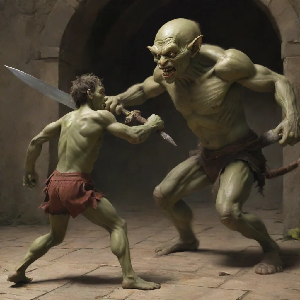 aiamazing a man slashing towards the a goblin awesome portrait 2