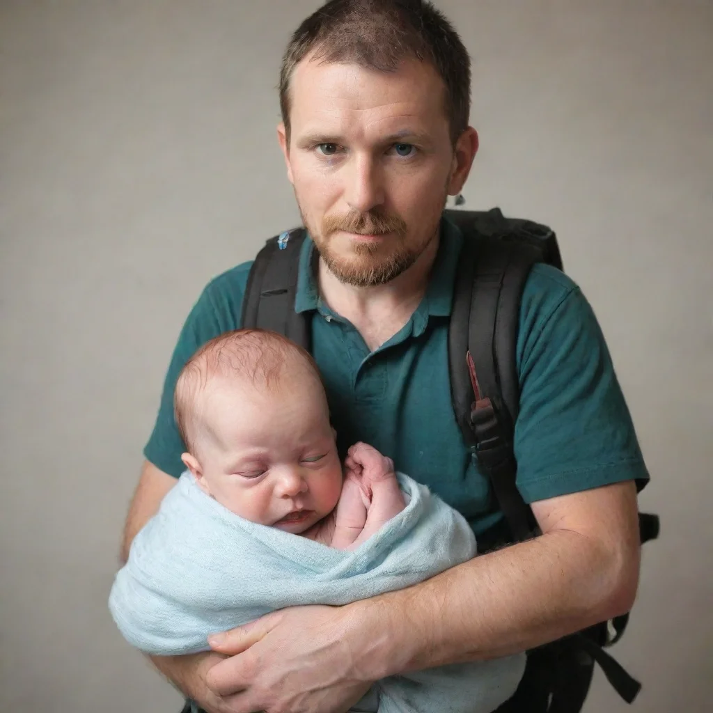 aiamazing a man stuffing a newborn baby in a backpack awesome portrait 2
