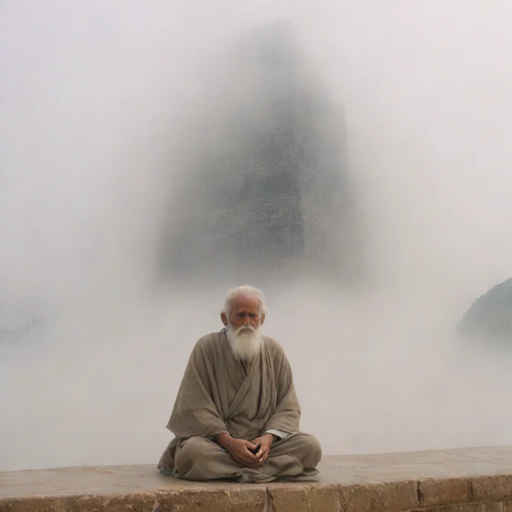 aiamazing a near real wallpaper in which an old man covered in shroud is sitting in front on kaba and it is mist environemnt awesome portrait 2