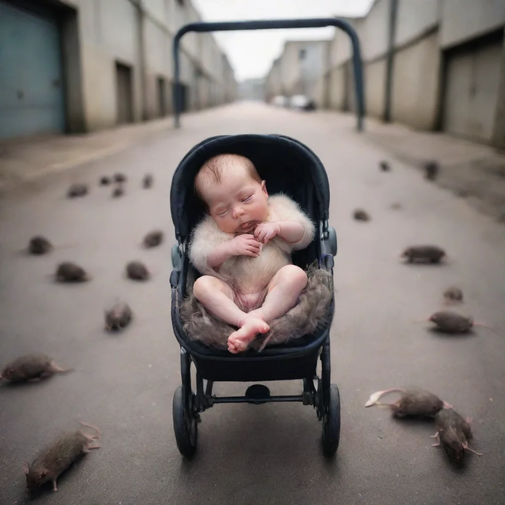 aiamazing a newborn baby in a buggy in a carpark surrounded by rats awesome portrait 2