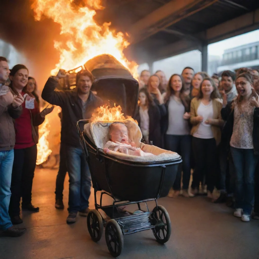 aiamazing a newborn baby in a buggy on fire in a train station with people cheering awesome portrait 2