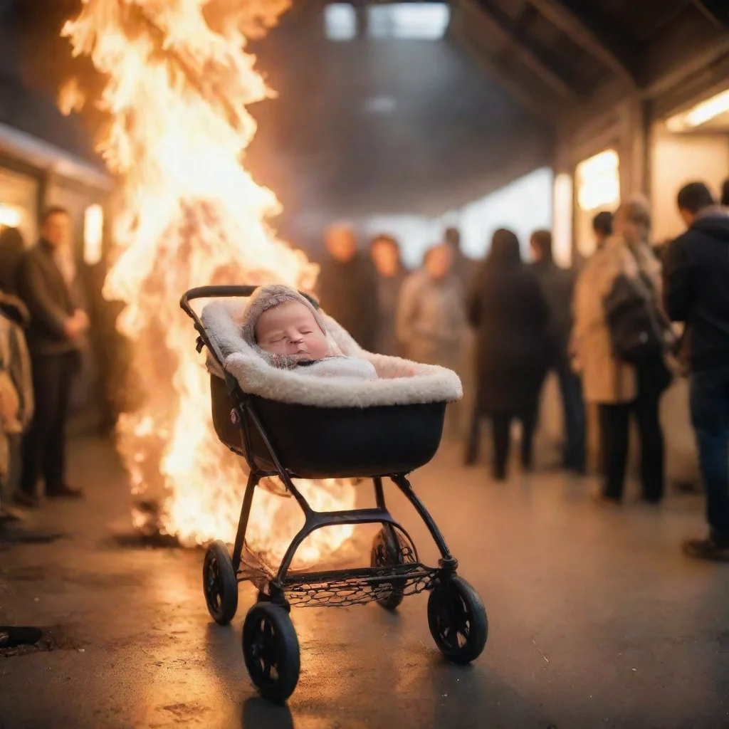 aiamazing a newborn baby in a buggy on fire in a train station with people laughing in a background awesome portrait 2
