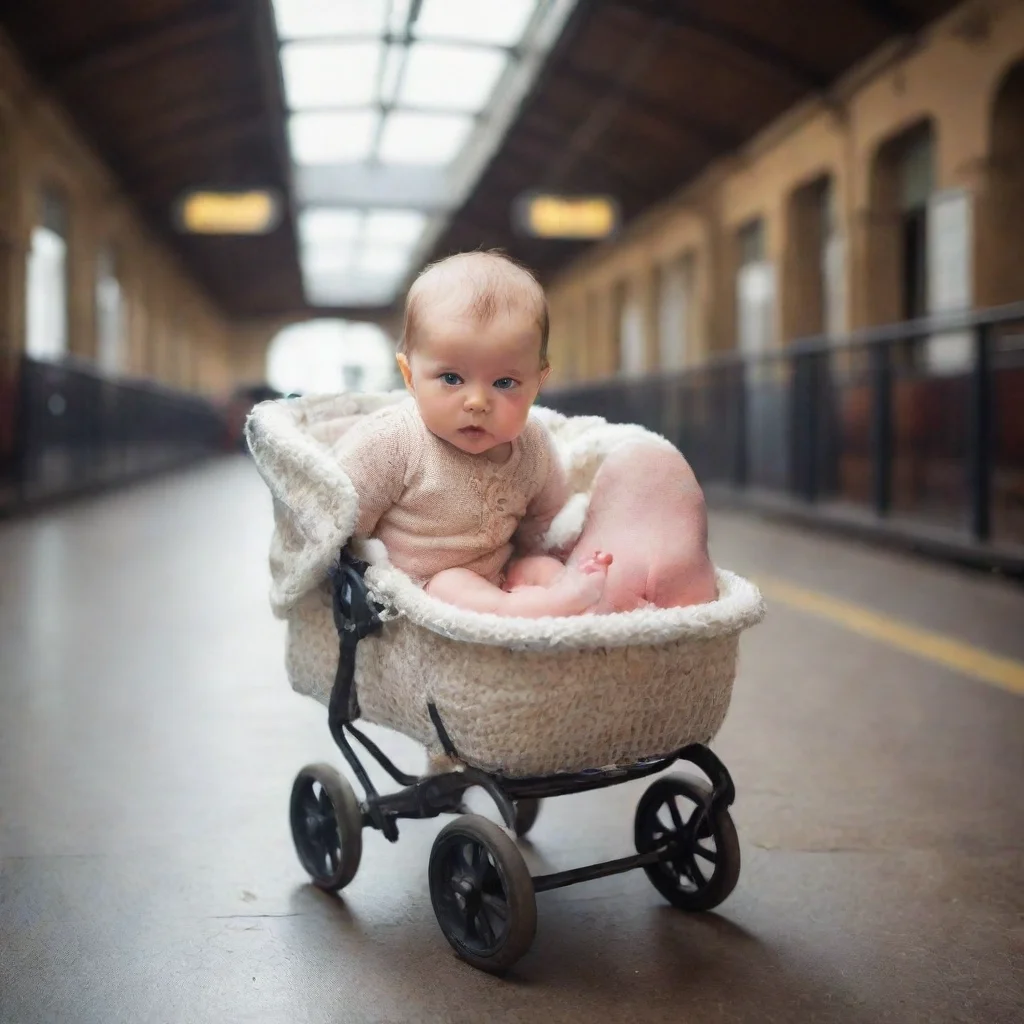 aiamazing a newborn baby in a buggy on in a train station awesome portrait 2