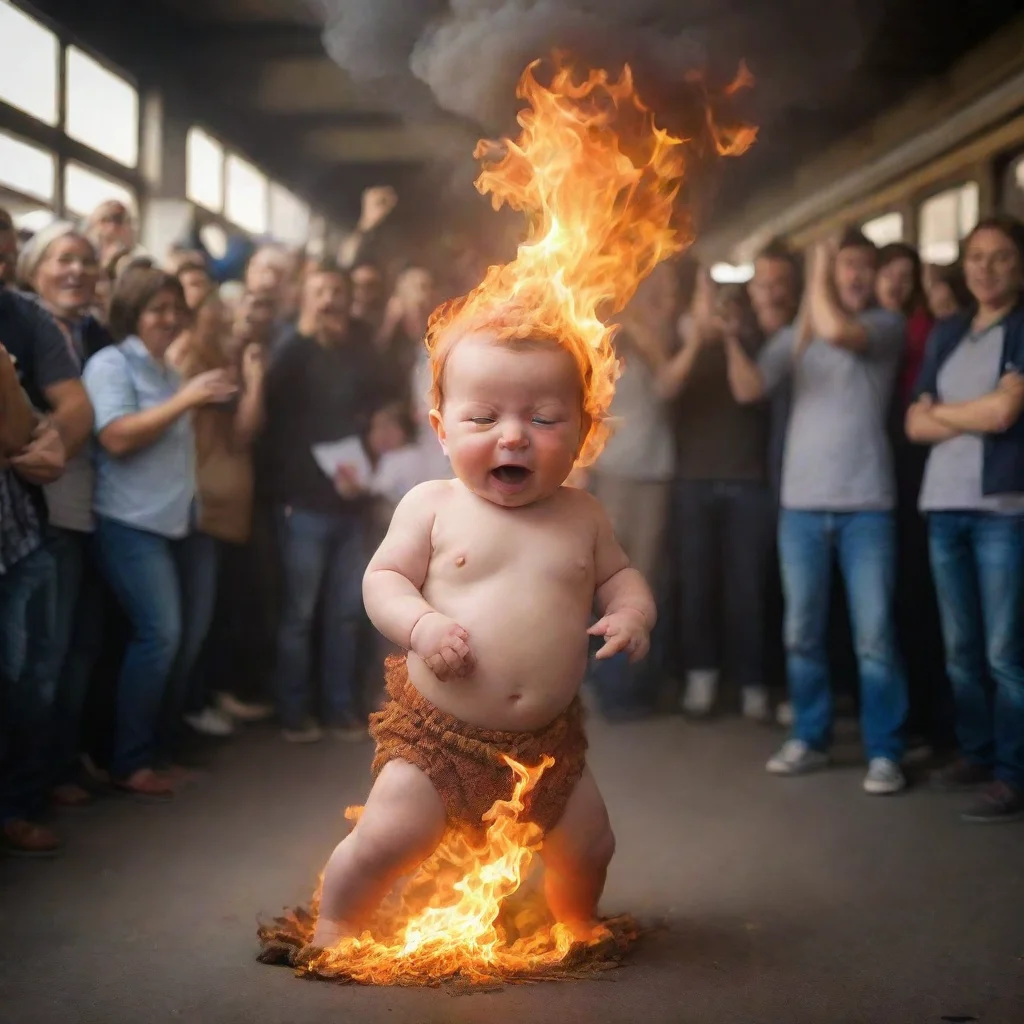 aiamazing a newborn baby on fire in a train station with people cheering awesome portrait 2