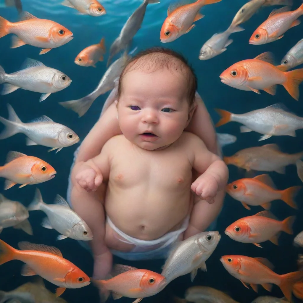 aiamazing a newborn baby surrounded by fish awesome portrait 2