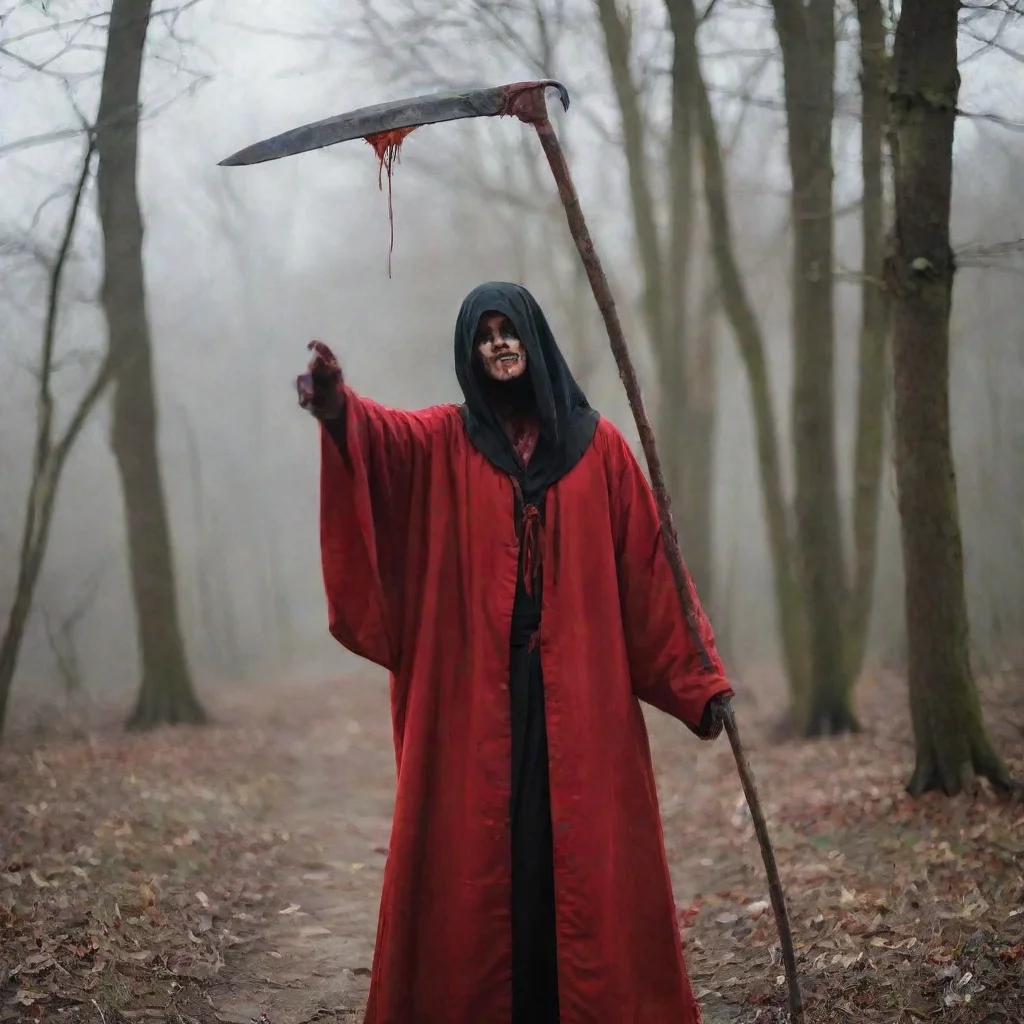 amazing a person holding a long scythe with a blood red robe on awesome portrait 2