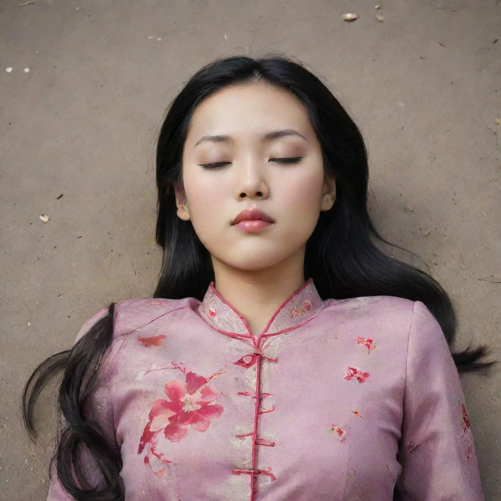 amazing a pretty chinese girl  lie on the ground.she died.her eyes closed.she was strangled awesome portrait 2