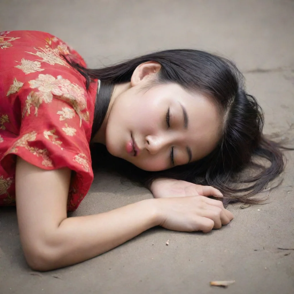 aiamazing a pretty chinese girl lying on the ground with her face down.she died and closed her eyes. awesome portrait 2