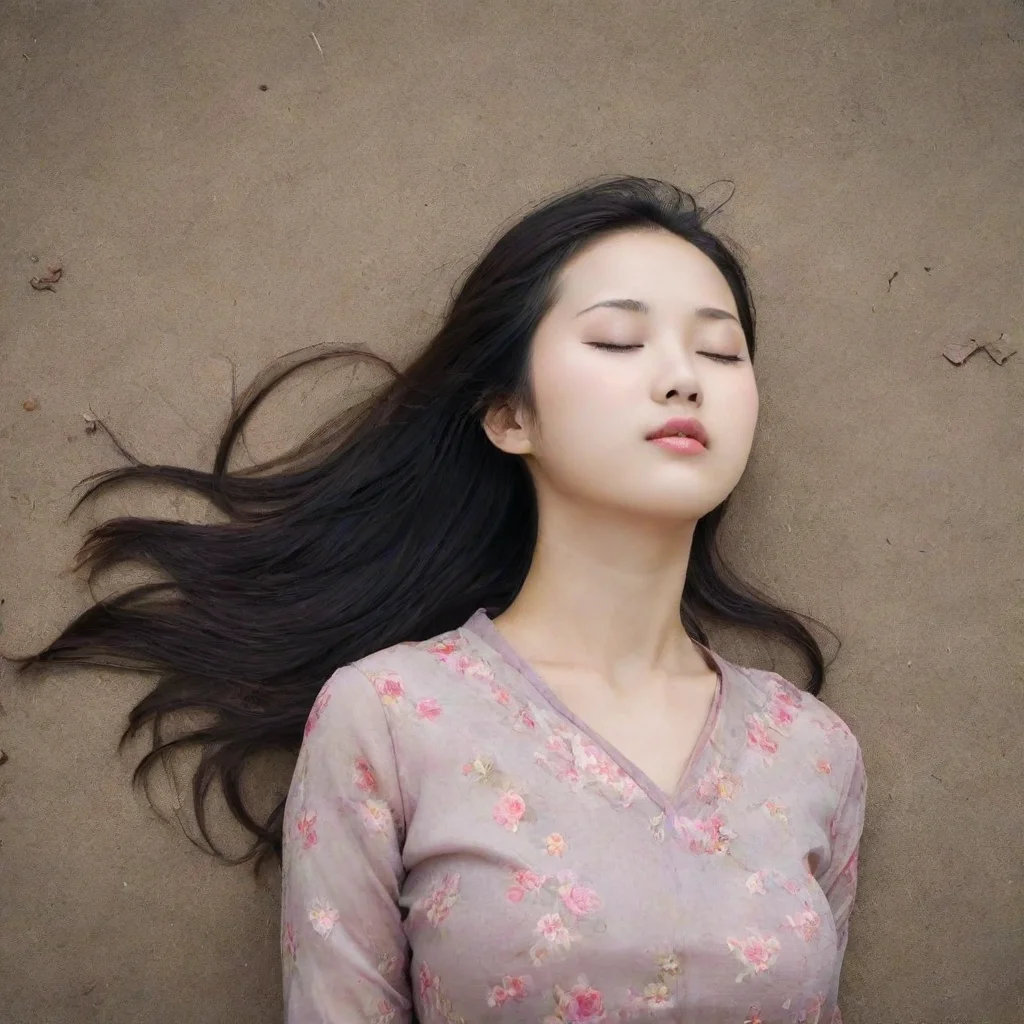 aiamazing a pretty chinese girl lying on the ground with her head off.she died and closed her eyes. awesome portrait 2