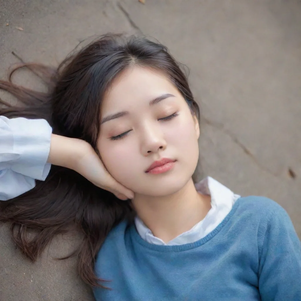 aiamazing a pretty chinese girl student lie on the ground.she closed ger eyes and died awesome portrait 2