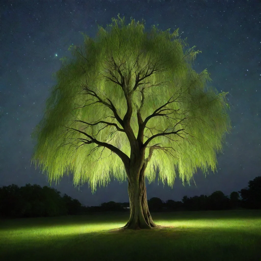 aiamazing a really pretty and aesthetic green willow tree and a bright star at night awesome portrait 2