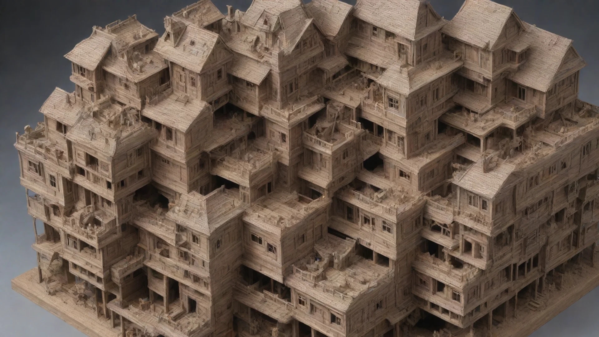 aiamazing a swarm of parts intertwined upside down escher paradox kitbash greeble timber construction building in a building socia awesome portrait 2 wide