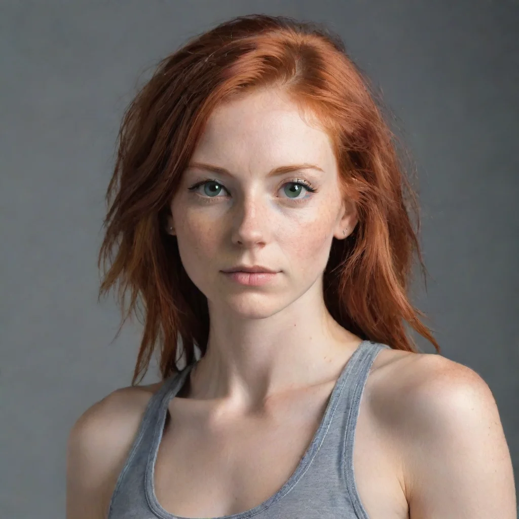 aiamazing a woman with red hair and hazel green eyes. she is very skinny and is wearing a tank top and jean shorts. awesome portrait 2