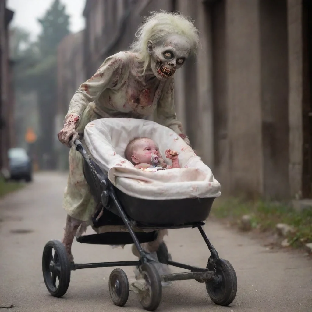 aiamazing a zombie pushing a newborn baby with a pacifier in a buggy awesome portrait 2