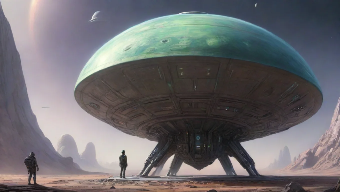 aiamazing alien next to 4m wide personal craft two aliens leaning on his ufo dome spaceship shaped artstation drawing colored awesome portrait 2 widescreen