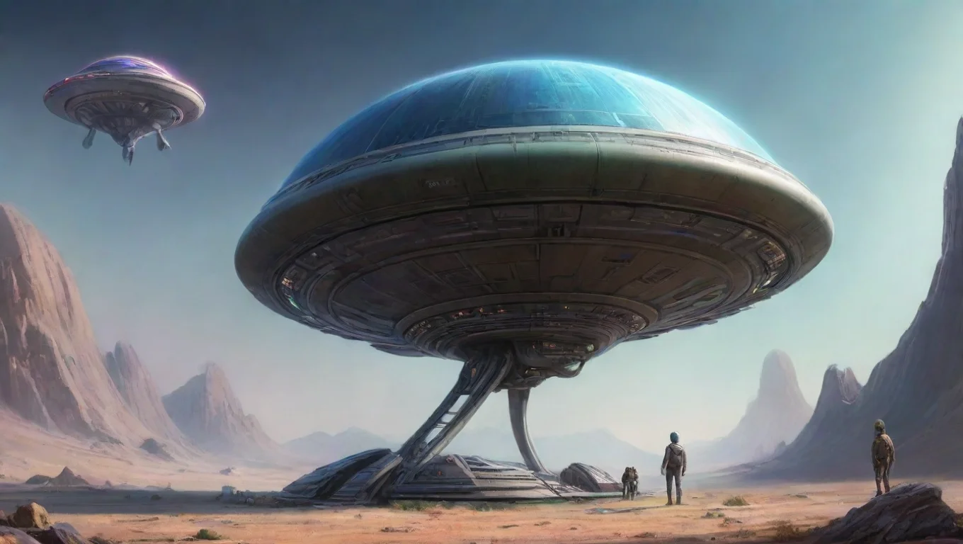 aiamazing alien next to 4m wide personal craft ufo and alien leaning on his ufo dome spaceship shaped artstation drawing colored awesome portrait 2 widescreen