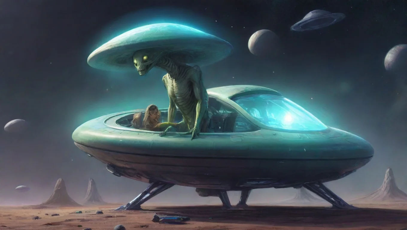 aiamazing alien next to 4m wide personal craft ufo and alien leaning on his ufo spaceship shaped smile hi wow artstation drawing colored awesome portrait 2 widescreen