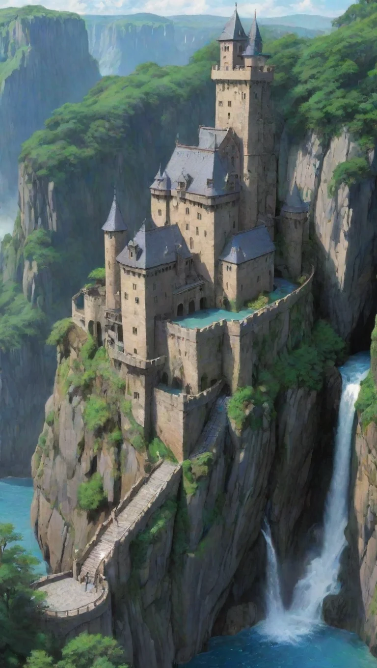aiamazing amazing castle with cliffs and moat waterfall ghibli wow awesome portrait 2 tall
