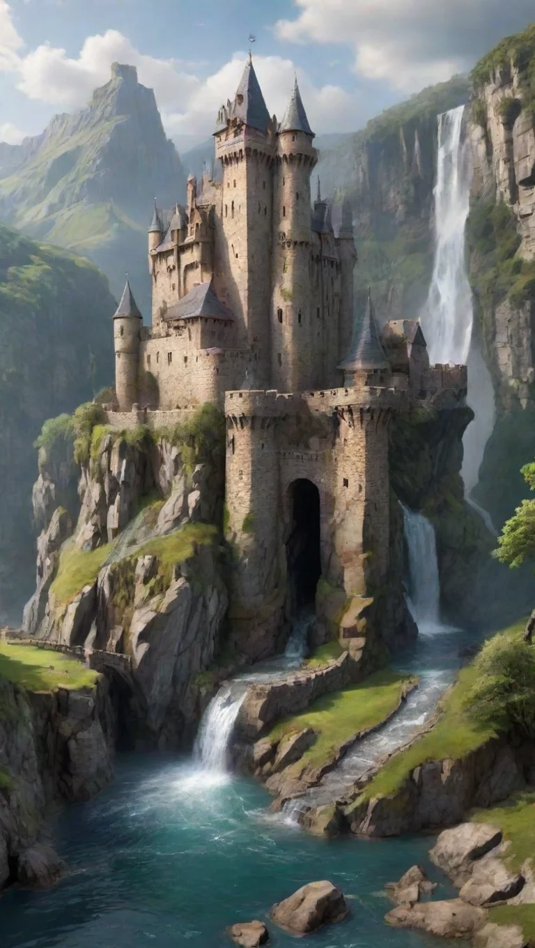 aiamazing amazing castle with cliffs and moat waterfall realistic  awesome portrait 2 tall