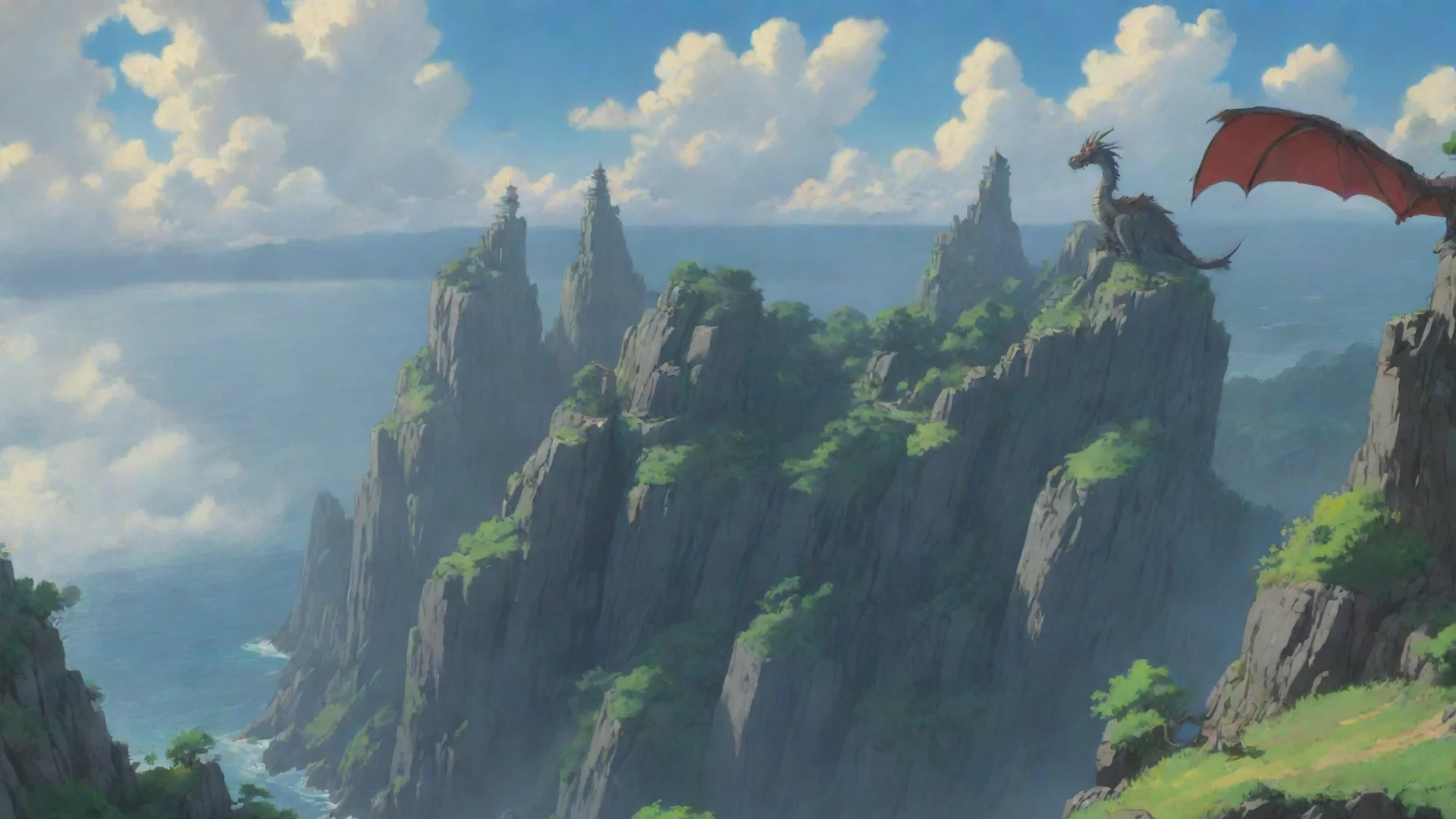 aiamazing amazing fantasy environment dragon on cliff studio ghibli miazaki anime best quality artstation still awesome portrait 2 wide