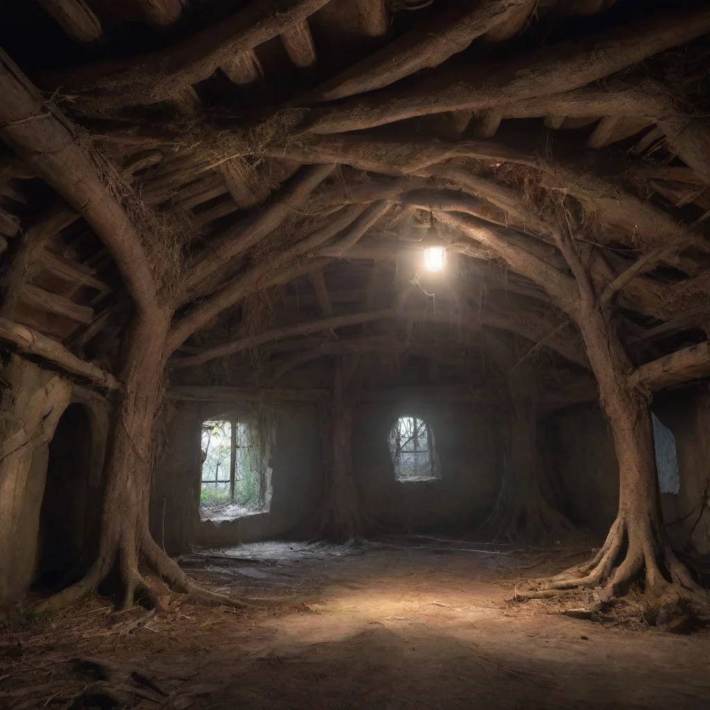aiamazing an abandoned fantasy medieval inside of a big hut underground with roots in the ceiling light streams into a dark room t awesome portrait 2