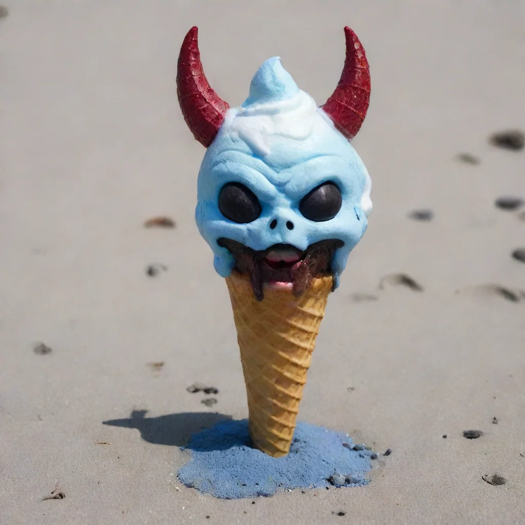 aiamazing an icecream cone with the devils head melting on blue sand awesome portrait 2