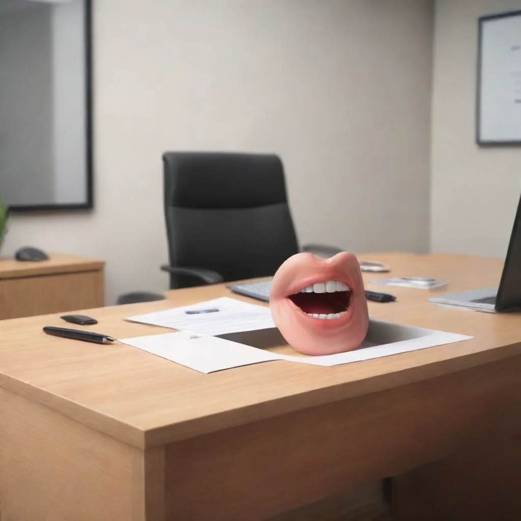 aiamazing an office desk with mouth that talks to a person on a sad office ambient. realistic awesome portrait 2