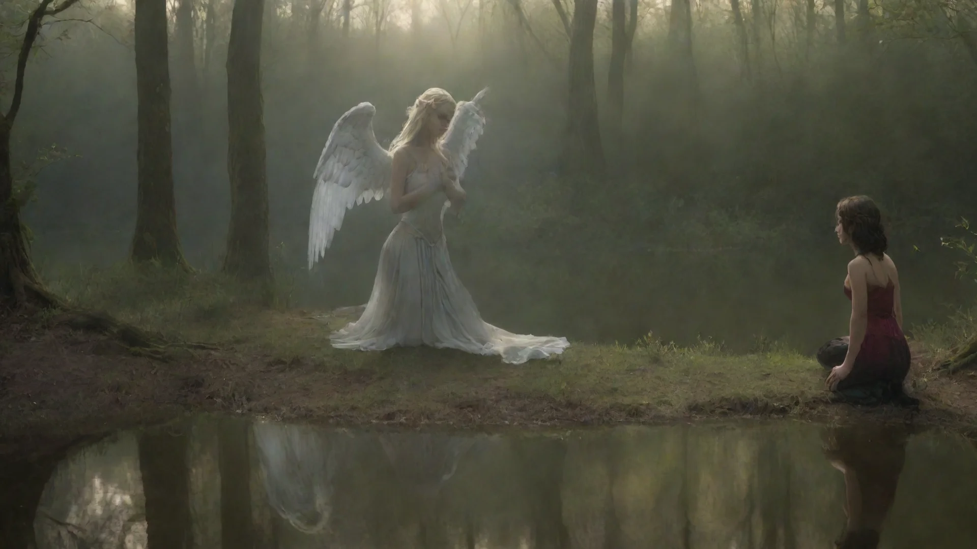 aiamazing angel kneeling by pond looking at reflection with a demon staring back with a forest background awesome portrait 2 wide