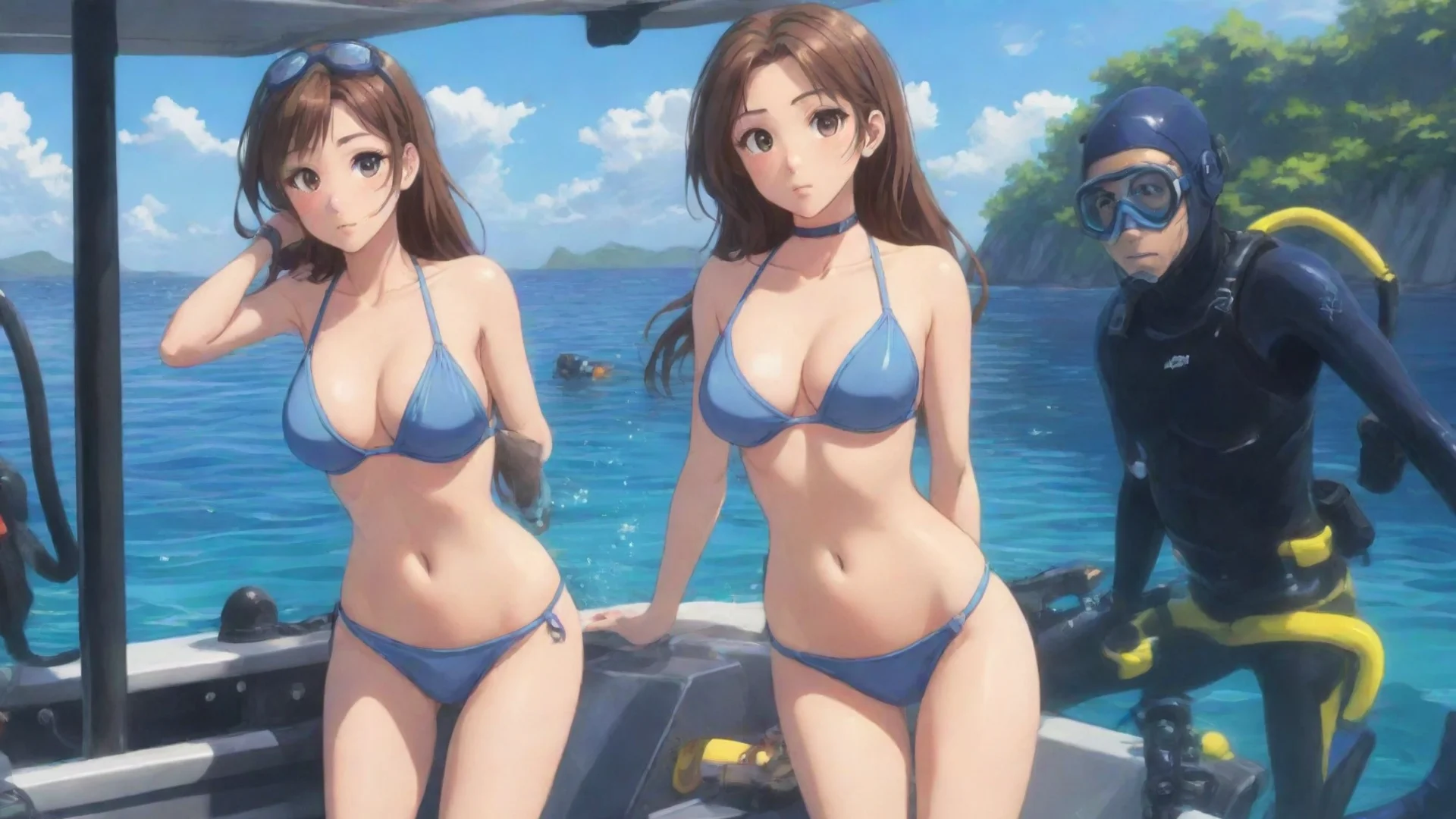 aiamazing anime cartoon girl in bikini with her boyfriend in a boat scuba getting ready to scuba dive awesome portrait 2 hdwidescreen