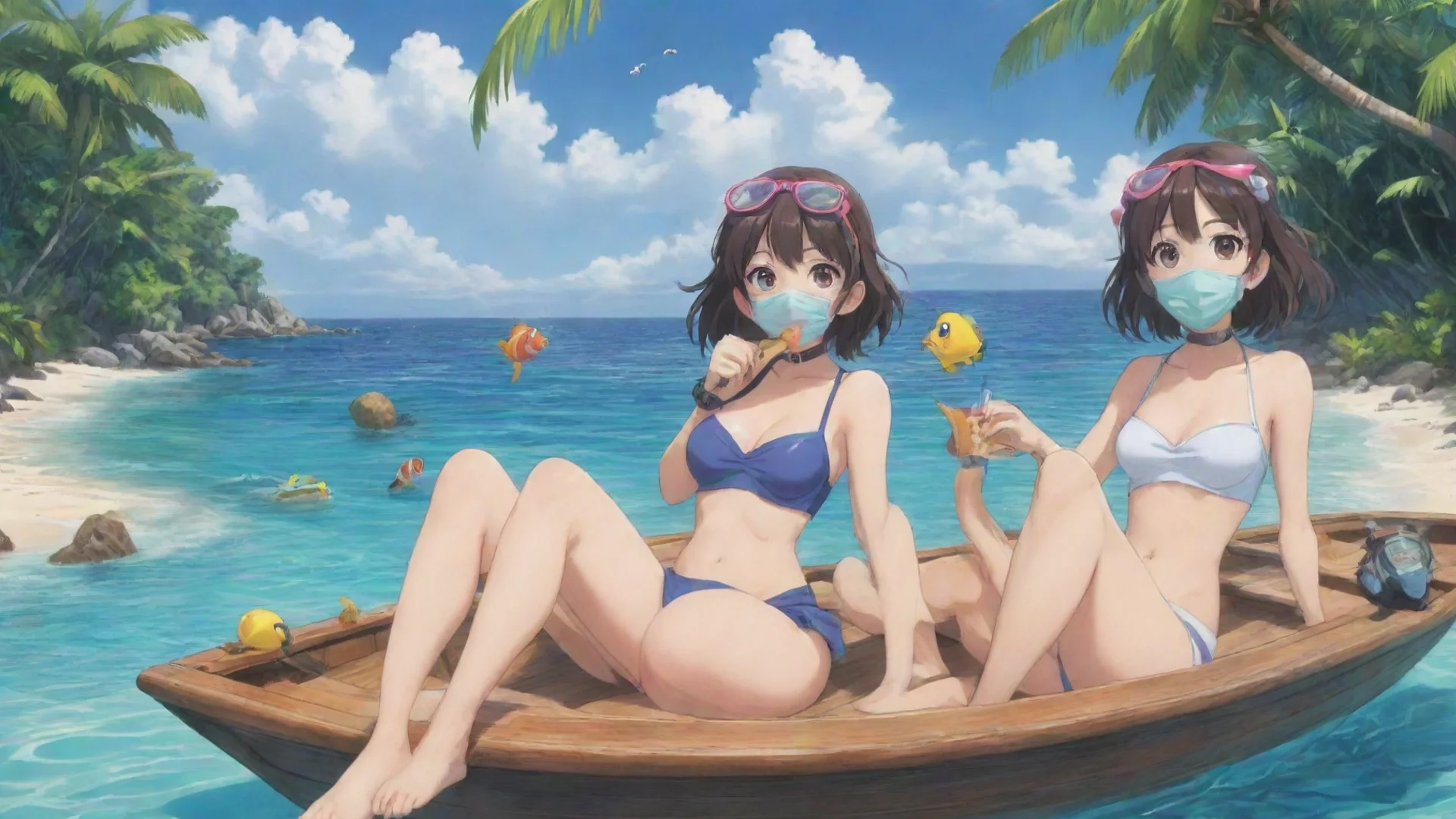 aiamazing anime cartoon girls sitting in a boat with snorkling masks in their hand. you can see the tropical beach in the background awesome portrait 2 hdwidescreen