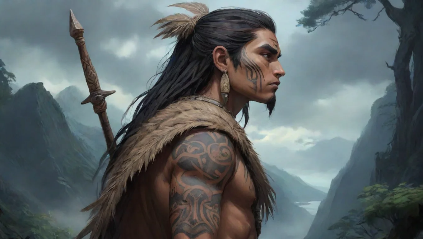 aiamazing anime maori warrior over shoulder lookout environment anime art ghibli dark horror  awesome portrait 2 widescreen