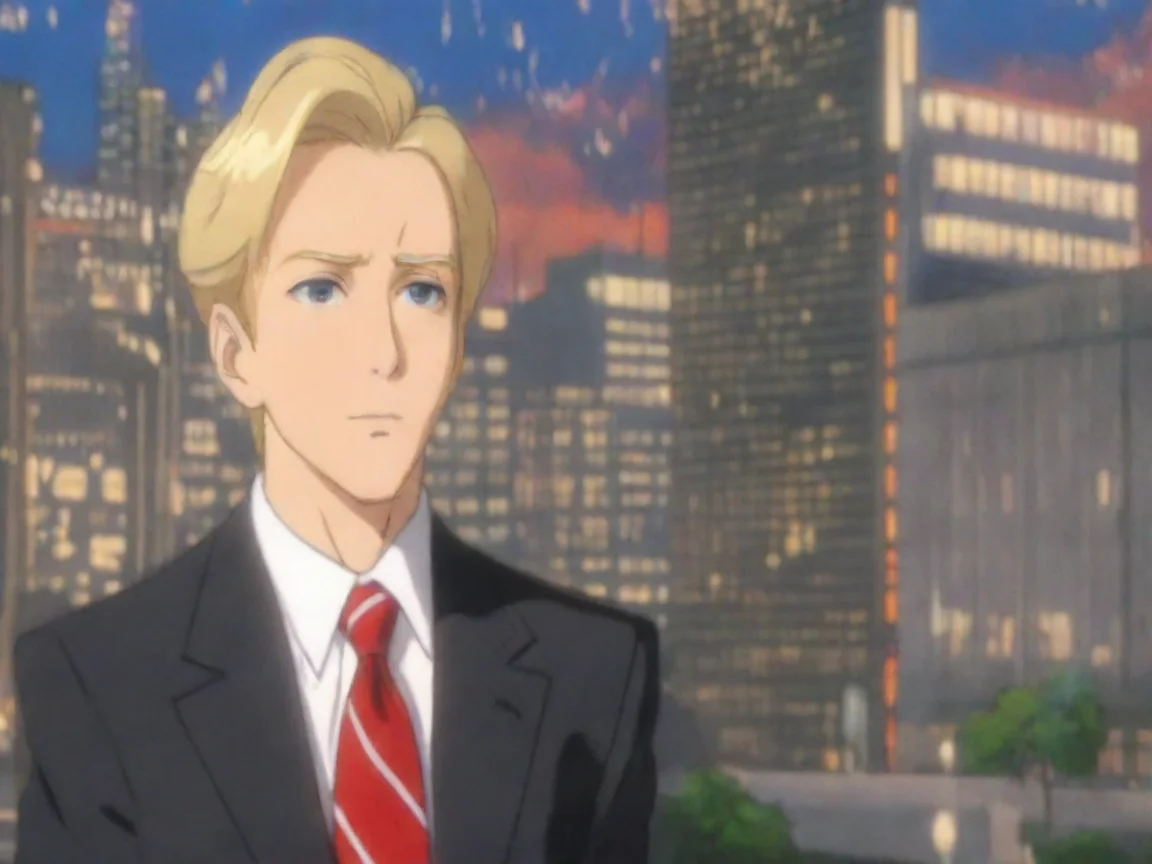aiamazing artistic anime character mayor in suit and red tie blonde hair epic tv interview city backdrop awesome portrait 2