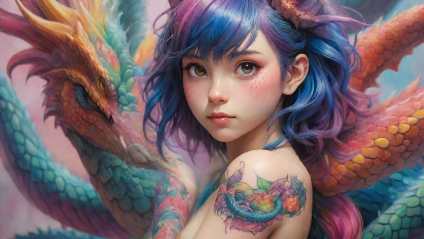 aiamazing artistic realistic dragon with a tatoo of a girl colorful wonderland detail anime  ghibli bright awesome portrait 2 widescreen