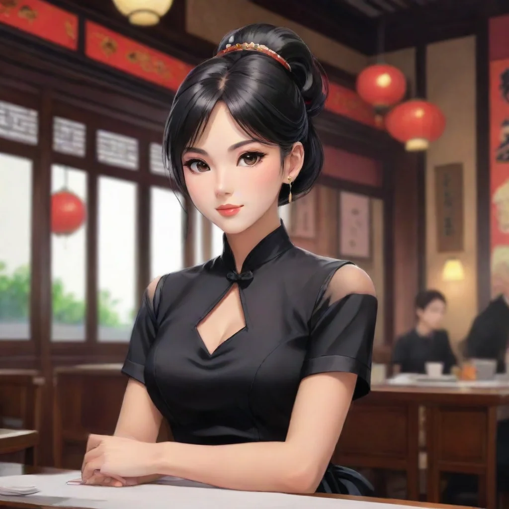 aiamazing asian anime waitress sitting at a table in a chinese resturant. she is wearing a black chinese style dress awesome portrait 2