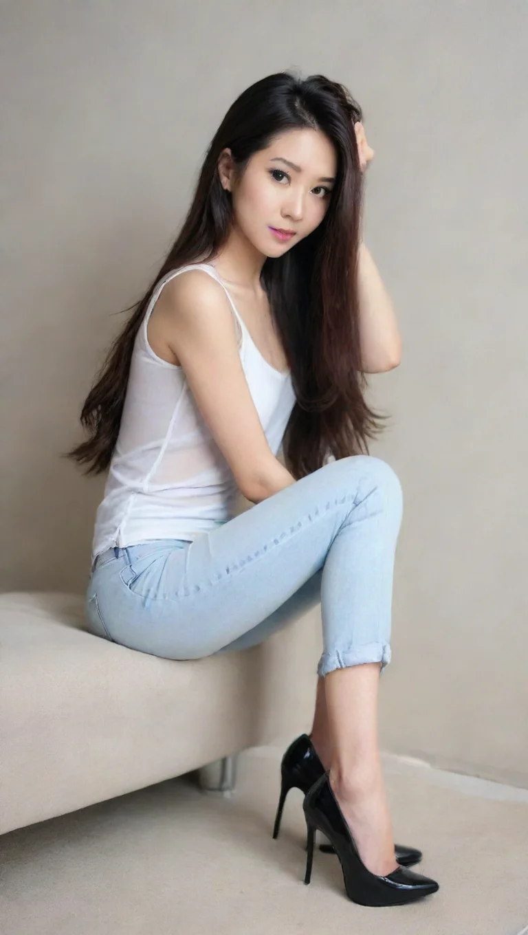 aiamazing asian beauty 30 years old skinny jeans white semi transparent top black high heels long hair sofa awesome portrait 2 tall