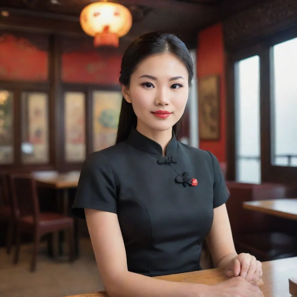 aiamazing asian waitress sitting at a table in a chinese resturant. she is wearing a black chinese style dress awesome portrait 2